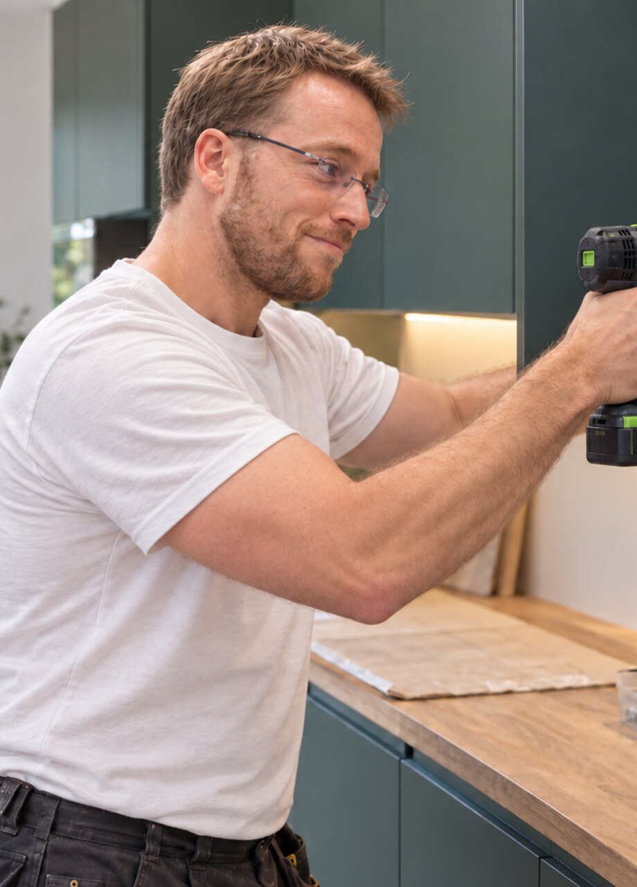 Christopher contrôle l'alignement d'un meuble de cuisine pendant la pose