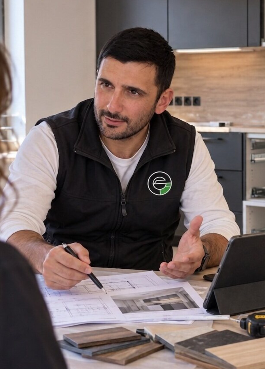 Joël conseille une cliente autour des plans de sa cuisine